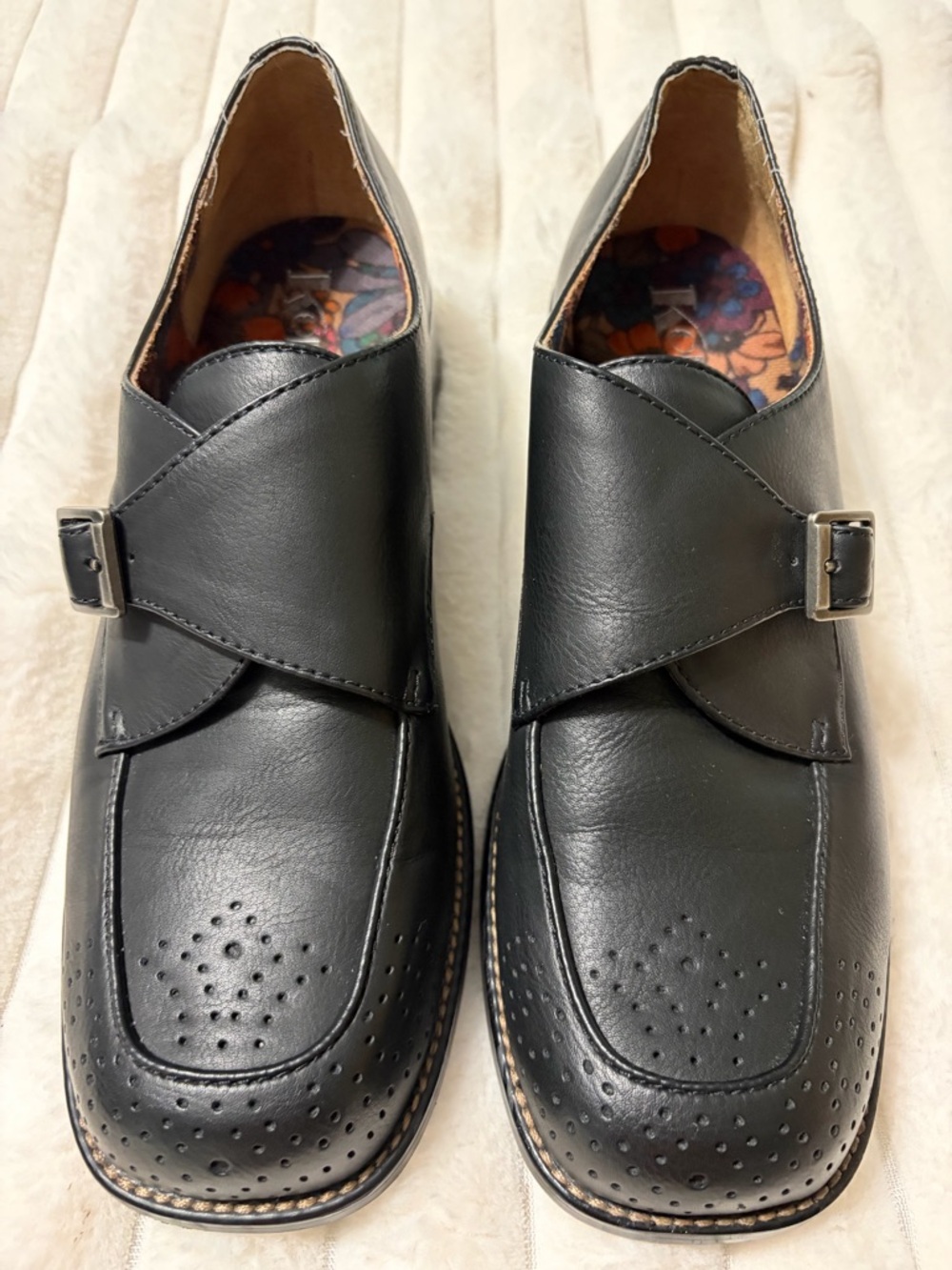 Kork-Ease Black Leather Buckle Flats with Perforated Toe